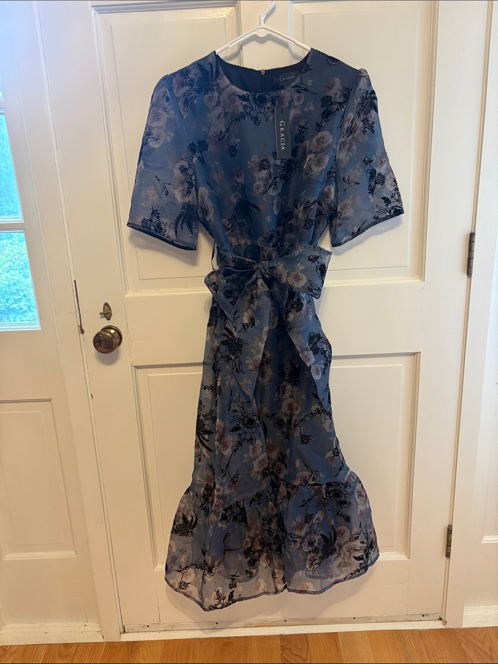 Gracia Dusty Blue Floral Tie-Detail Midi Dress